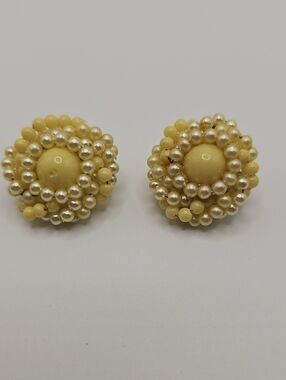 Vintage 1960 Made In Japan Yellow Beaded Cluster Clip Earrings.